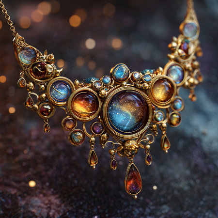 golden necklace with precious stones on a dark background close-upの素材