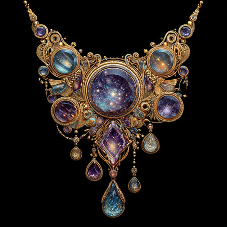 Illustration of a necklace with precious stones on a black background.の素材