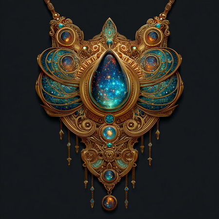 Illustration of a necklace with precious stones on a black background.の素材