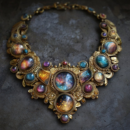 necklace with precious stones on dark background close-up, top viewの素材