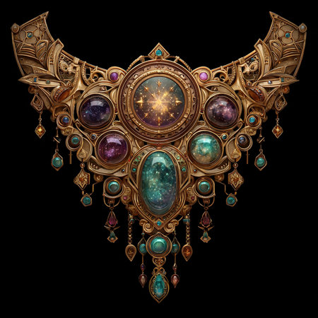 Necklace with precious stones on black background. Zodiac sign.の素材