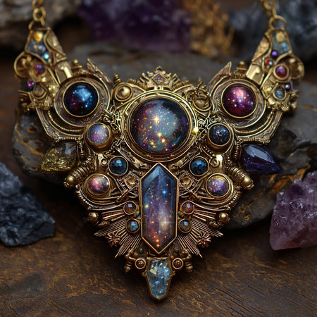 jewelry brooch with precious stones on a dark background.の素材