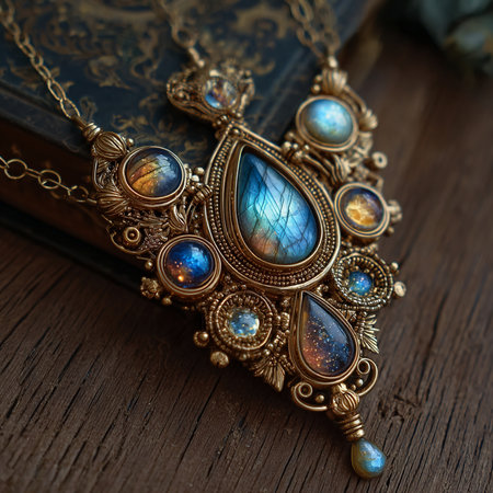 Jewelry on a wooden table. Vintage jewelry. Boho style.の素材