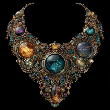 Necklace with precious stones. Hand-drawn illustration on a black background.の素材