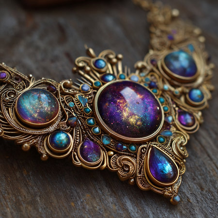 Necklace with precious stones on wooden background, closeup.の素材