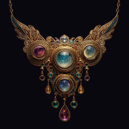 Illustration of a necklace with precious stones on a black background.の素材