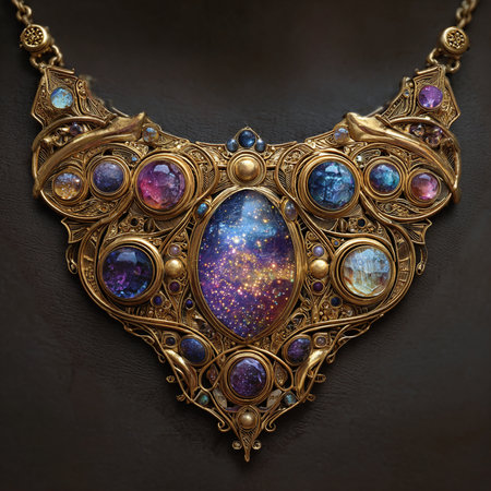 Necklace with precious stones on a dark background, close-upの素材