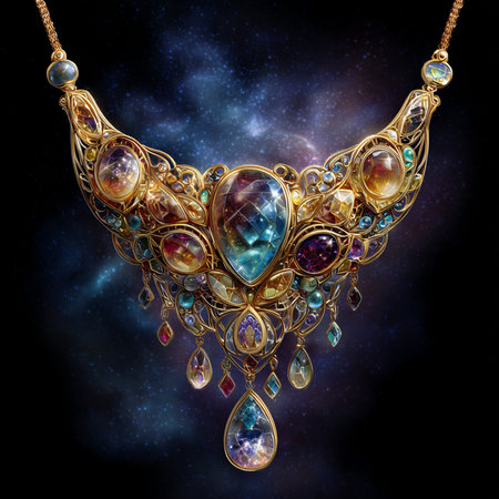 Jewelry necklace with precious stones on a black background. 3d renderingの素材