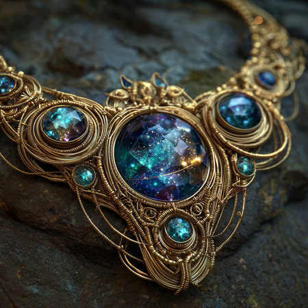 Beautiful gold bracelet with blue crystals on a stone background. Close-up.の素材