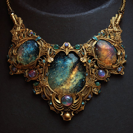 Necklace with precious stones. Jewelry on a black background.の素材