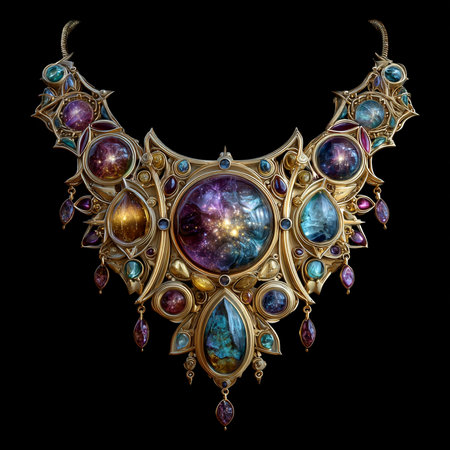 Jewelry necklace with precious stones, isolated on black background.の素材