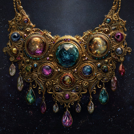 Necklace with precious stones on dark background. Boho style.の素材