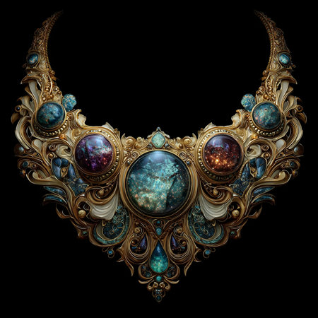 Necklace with space and planets on black background. 3D renderingの素材