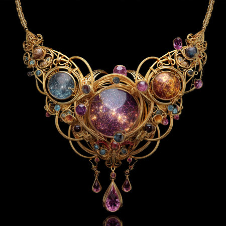 necklace on a black background in the form of a heart with precious stonesの素材