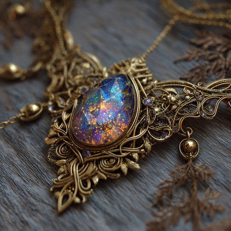 Beautiful jewelry with precious stones on a wooden background, close-upの素材