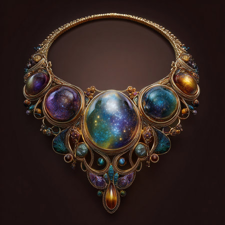Necklace with precious stones and planets. Colorful background.の素材