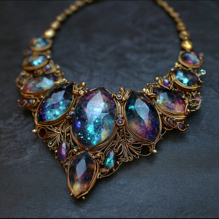 jewelry necklace with precious stones on a dark background close upの素材