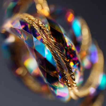 Closeup of gold ring with multicolored gems on dark backgroundの素材