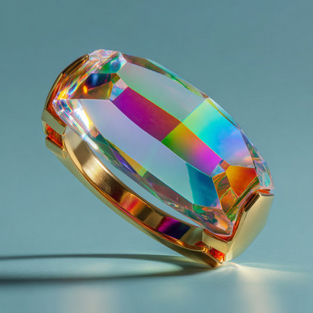 Close up of a diamond ring on a blue background with reflection.の素材