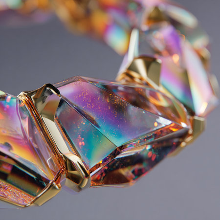 Macro shot of a colorful diamond necklace on a gray background.の素材