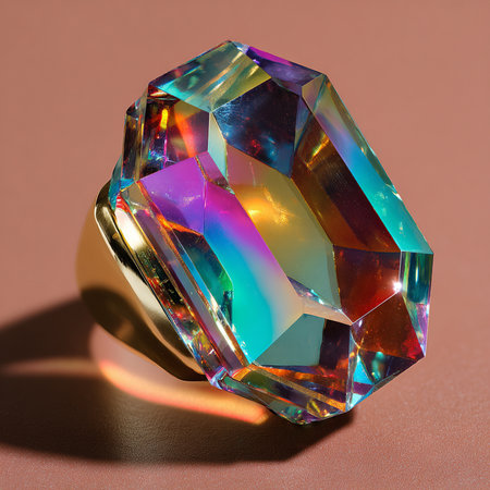 multicolored sapphire on a brown background with a shadowの素材