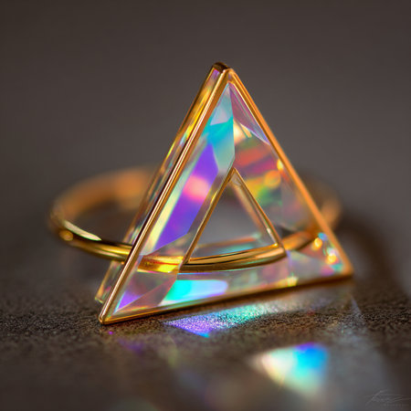 Golden ring with multicolored gemstone on a dark background.の素材