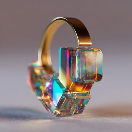 Wedding ring with bright multicolored crystals on a gray backgroundの素材
