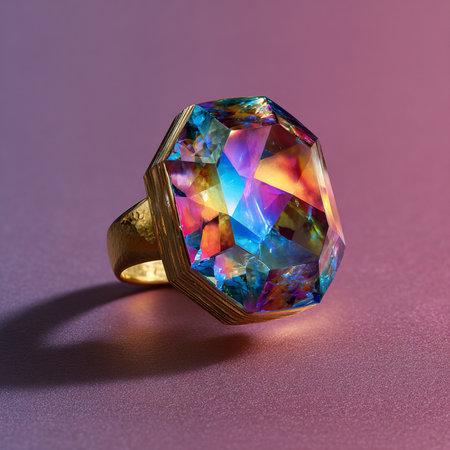 Wedding ring with multicolored crystals on a purple backgroundの素材