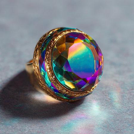 Jewelry ring with multicolored gemstone on a blue backgroundの素材