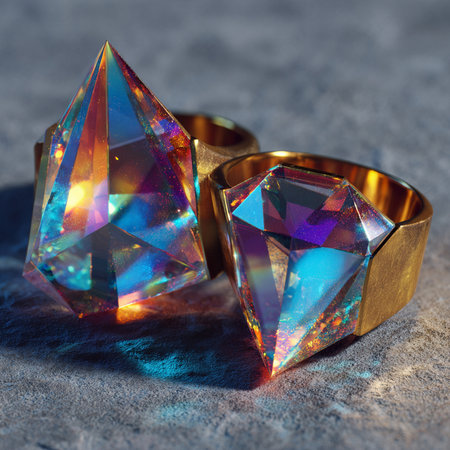 Wedding rings with multicolored crystals on a dark backgroundの素材