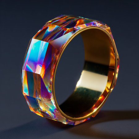 wedding ring with multicolored crystals on a dark backgroundの素材