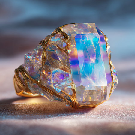 wedding ring with precious stones on a background of blue skyの素材