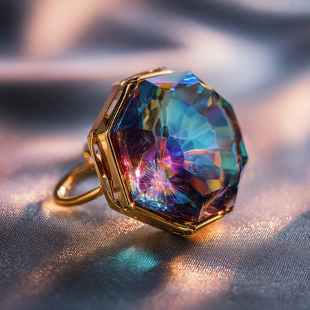 jewelry ring with blue sapphire on a golden backgroundの素材