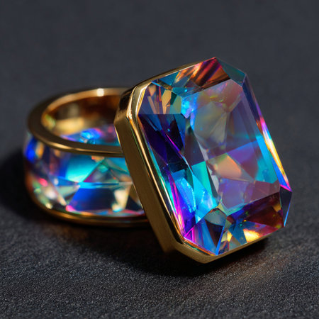 Wedding rings with multicolored crystals on a dark backgroundの素材