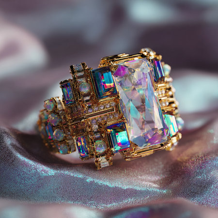 jewelry ring with precious stones on a background of the fabricの素材