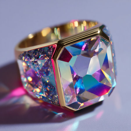 Jewelry ring with multicolored gems on a light backgroundの素材