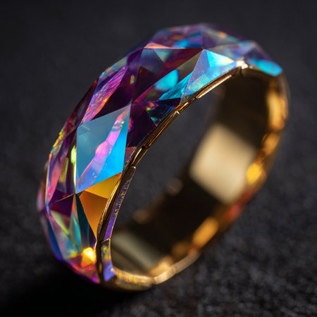 wedding ring with multicolored stones on a dark backgroundの素材