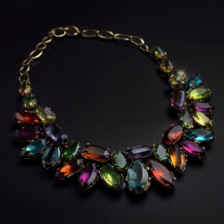necklace on a black background in close-up with multi-colored stonesの素材