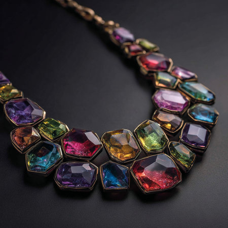 jewelry necklace with precious stones on a dark background close upの素材