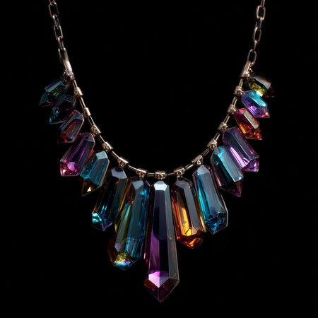 Necklace with multicolored crystals on a black background.の素材