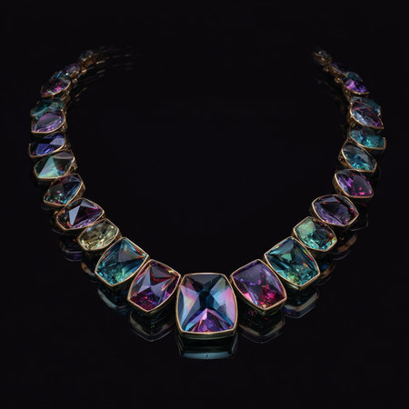 jewelry necklace with multicolored gems on a black backgroundの素材