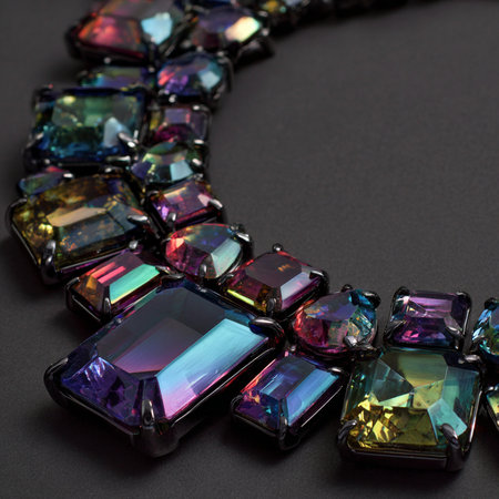 Necklace made of multicolored stones on a black backgroundの素材