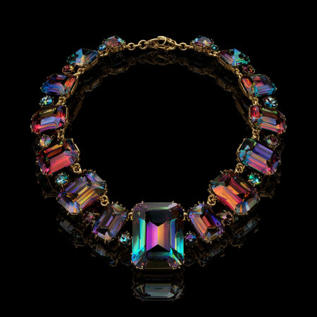 necklace on a black background in the form of a circle with multicolored stonesの素材