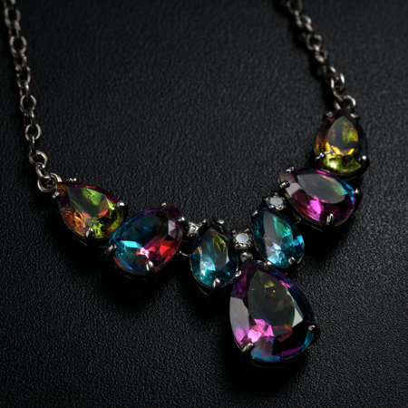 Necklace with multicolored stones on a black background.の素材