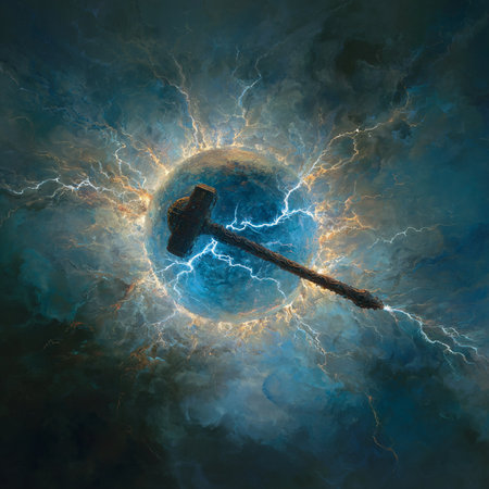 Hammer and planet in space, computer generated abstract background, 3D renderingの素材