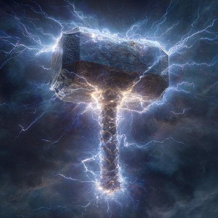 Hammer with lightning in stormy sky. 3D illustrations.の素材