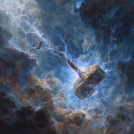 Conceptual image of a bomb in a dark stormy skyの素材