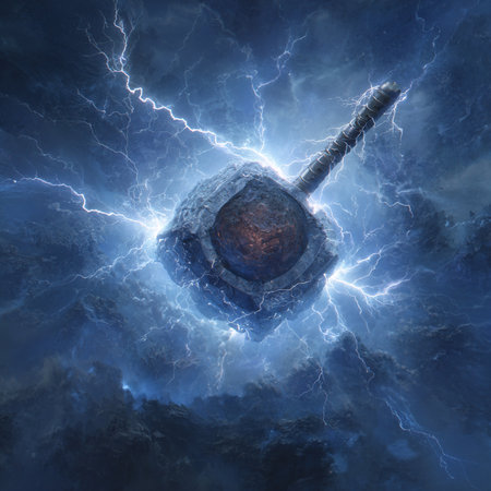 Digital illustration of a bomb in a stormy blue sky with lightningの素材