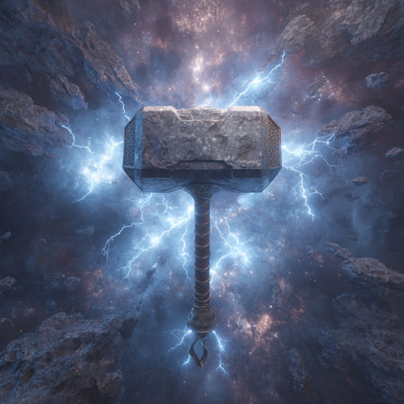 Hammer with lightning in the dark sky. 3d illustration.の素材