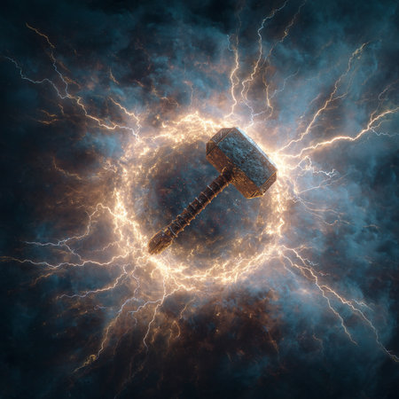 Hammer hitting a nail in a thunderstorm, 3d renderの素材